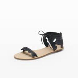 Womens Loeffler Randall Marmy Black Scallop Trim Leather Lace Up Flat Sandal 5.5